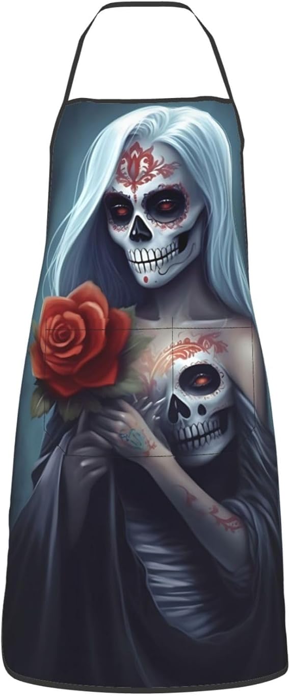 Mexican Apron Sugar Skull Aprons With Pockets Waterproof Kitchen Apron Women Men For Chef Bbq Cooking - sugar skull apron for women