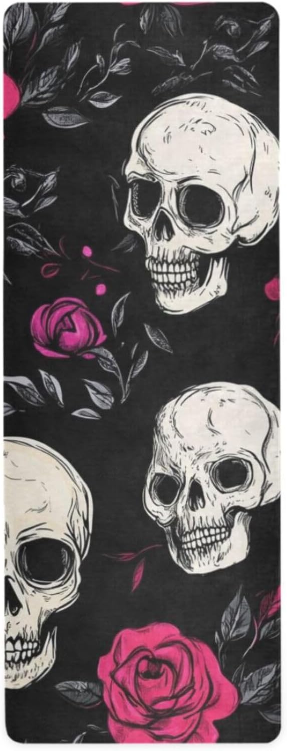 Skull and Rose Black Valentine hot yoga mat for home printed, non slip, yoga matt towel non slip hot yoga with carrying bag tapete para ejercicio 71x26 inches - sugar skull yoga mat