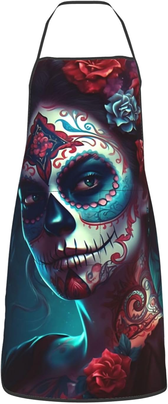 Mexican Apron Sugar Skull Aprons With Pockets Waterproof Kitchen Apron Women Men For Chef Bbq Cooking - sugar skull apron for women