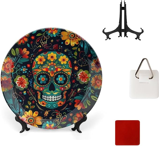 Colorful Floral Sugar Skull Bone China Decorative Plate Ceramic Decorative Plate for Home Office Wall Decor, with Vertical Stand Decorative Plates for Home Club - sugar skull plates set
