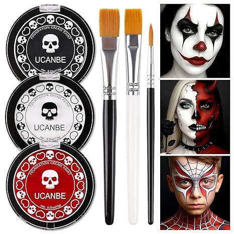 Goth White Foundation + Black Red Face Body Paint for Halloween Makeup, Face Painting Kit with Brushes Facepaint Set for Kids Adults Clown Vampire Skull SFX Make Up Costume Cosplay Party Theater Stage - sugar skull makeup kit