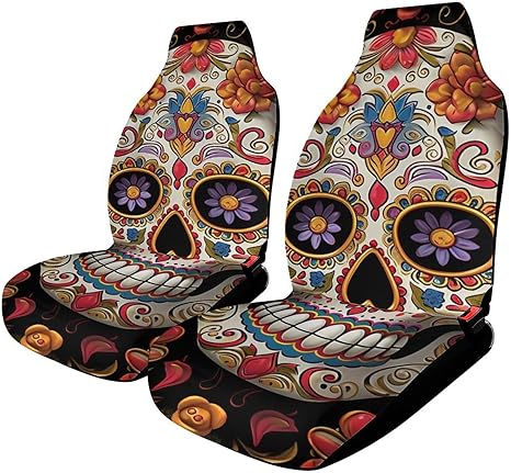 Car Seat Protector Easy to Install Cover Set with Non-Slip Backing Sugar Skulls Car Seat Covers for Most Cars, Vans, Trucks, SUV - sugar skull car seat covers set