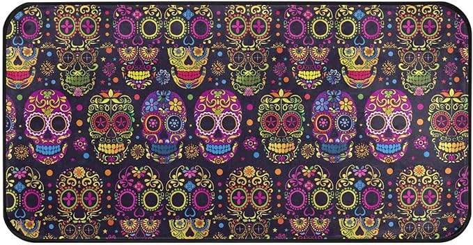ALAZA Kitchen Mats, Colorful Sugar Skull Seamless on Black Floor Mat for Kitchen, Bathroom, Bedroom, 39x20 inch - sugar skull floor mat