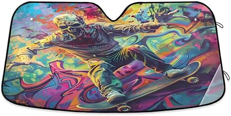 ALAZA Sugar Skull Playing Skateboard Car Windshield Sun Shade Blocks Foldable Car Front Window Sunshade Automotive UV Rays Sun Visor Protector - sugar skull car sunshade for windshield
