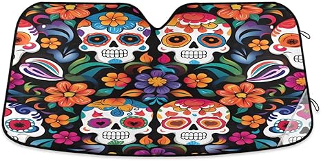 ALAZA Floral Sugar Skull Day of The Dead Car Windshield Sun Shade Blocks Foldable Car Front Window Sunshade Automotive UV Rays Sun Visor Protector - sugar skull car sunshade for windshield