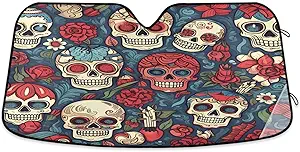 ALAZA Day of The Dead Floral Sugar Skull Car Windshield Sun Shade Blocks Foldable Car Front Window Sunshade Automotive UV Rays Sun Visor Protector - sugar skull car sunshade for windshield