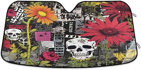 ALAZA Sugar Skull Daisy Flower Retro Car Windshield Sun Shade Blocks Foldable Car Front Window Sunshade Automotive UV Rays Sun Visor Protector - sugar skull car sunshade for windshield