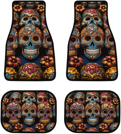Automotive Floor Mats 4-Piece All-Weather Car Mat Durable and Colorful Sugar Skulls Non-Slip Floor Mats for Cars, Trucks, SUVs - sugar skull car floor mats