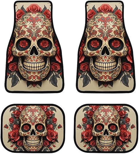 Automotive Floor Mats 4-Piece All-Weather Car Mat Durable and Red Rose Sugar Skull Non-Slip Floor Mats for Cars, Trucks, SUVs - sugar skull car floor mats