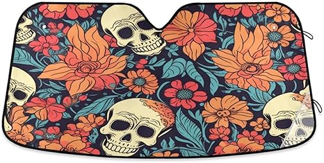 ALAZA Orange Sugar Skull Leaf Watercolor Car Windshield Sun Shade Blocks Foldable Car Front Window Sunshade Automotive UV Rays Sun Visor Protector - sugar skull car sunshade for windshield