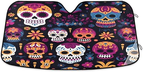 ALAZA Dia De Los Muertos Sugar Skull Car Windshield Sun Shade Blocks Foldable Car Front Window Sunshade Automotive UV Rays Sun Visor Protector - sugar skull car sunshade for windshield