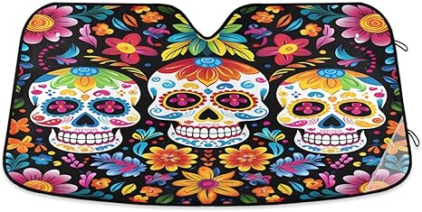 ALAZA Dia De Los Muertos Floral Sugar Skull Car Windshield Sun Shade Blocks Foldable Car Front Window Sunshade Automotive UV Rays Sun Visor Protector - sugar skull car sunshade for windshield