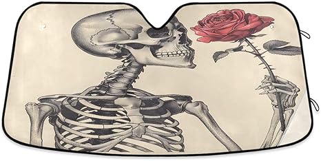 ALAZA Skeleton Rose Flower Sugar Skull Car Windshield Sun Shade Blocks Foldable Car Front Window Sunshade Automotive UV Rays Sun Visor Protector - sugar skull car sunshade for windshield