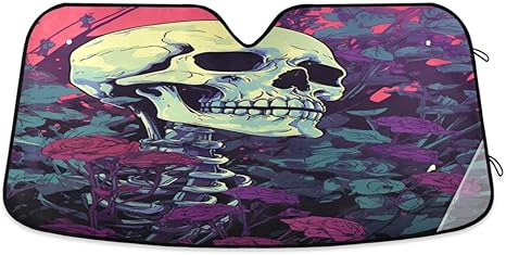 ALAZA Sugar Skull Flower Floral Car Windshield Sun Shade Blocks Foldable Car Front Window Sunshade Automotive UV Rays Sun Visor Protector - sugar skull car sunshade for windshield