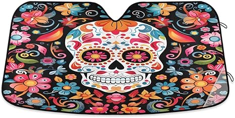 ALAZA Halloween Sugar Skull Flower Floral Car Windshield Sun Shade Blocks Foldable Car Front Window Sunshade Automotive UV Rays Sun Visor Protector - sugar skull car sunshade for windshield