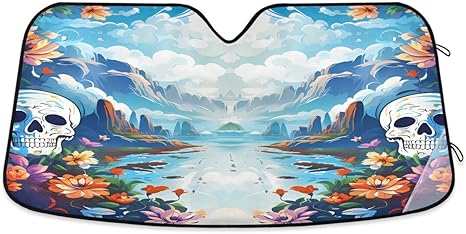 ALAZA Sugar Skull Mountain Flower Car Windshield Sun Shade Blocks Foldable Car Front Window Sunshade Automotive UV Rays Sun Visor Protector - sugar skull car sunshade for windshield