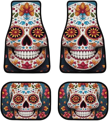 Automotive Floor Mats 4-Piece All-Weather Car Mat Durable and Colorful Sugar Skull Non-Slip Floor Mats for Cars, Trucks, SUVs - sugar skull car floor mats