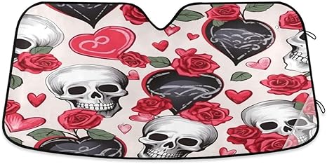 ALAZA Sugar Skull Rose Flower Floral Car Windshield Sun Shade Blocks Foldable Car Front Window Sunshade Automotive UV Rays Sun Visor Protector - sugar skull car sunshade for windshield