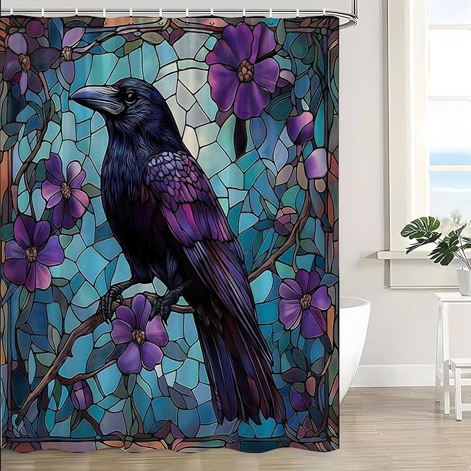 Halloween Crow Shower Curtain Stained Glass Raven Gothic Purple Floral Tree Branch Spooky Bird Flower Modern Bath Curtain with Hooks - sugar skull shower curtain set