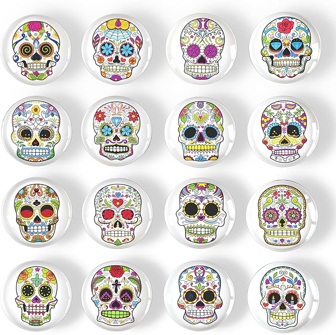 16psc Halloween Horror Fridge Magnets, Cute Fun Crystal Glass Strong Refrigerator Magnets for Locker Whiteboard Office (Sugar Skull) - sugar skull wine glass