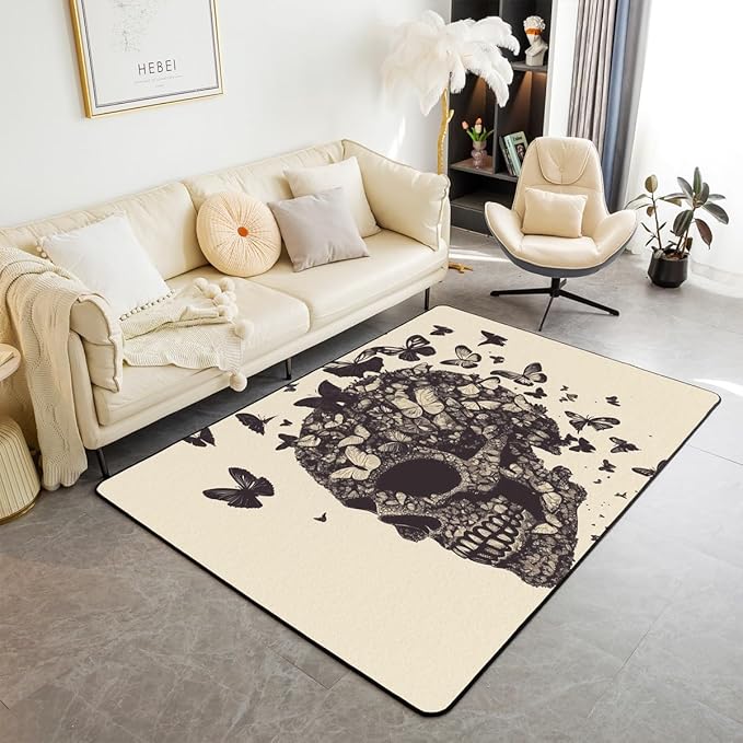 Skeleton Butterfly Living Room Rugs 5x7 Bohemia Moth Animal Area Rug for Kids Teen Horror Style Sugar Skull Carpet Runner Non Slip Decorative Accent Rug Bedroom Decor - sugar skull area rug