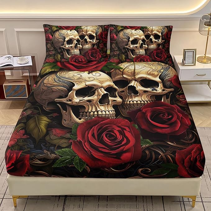 AILONEN Sugar Skull Bedding Set Queen Size,3 Pieces Red Rose Gothic Skull Floral Fitted Sheet with 2 Pillowcases - sugar skull bedding set