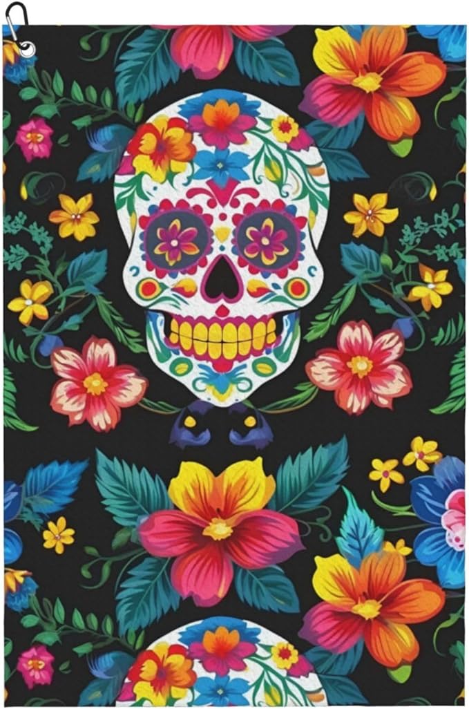 Sugar Skulls Flowers 1pack Golf Towel (16" X 24"), Microfiber Waffle Pattern Golf Towels for Golf Bags for Men - sugar skull beach towel