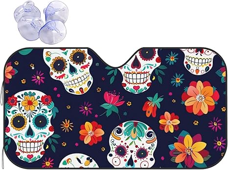 Halloween Sugar Skull Car Windshield Sun Shade, Mexican Skull Foldable Sunshade for Car Windshield Universal Fit Sunshade Protector for Truck SUV Blocks UV Rays S - sugar skull car sunshade for windshield