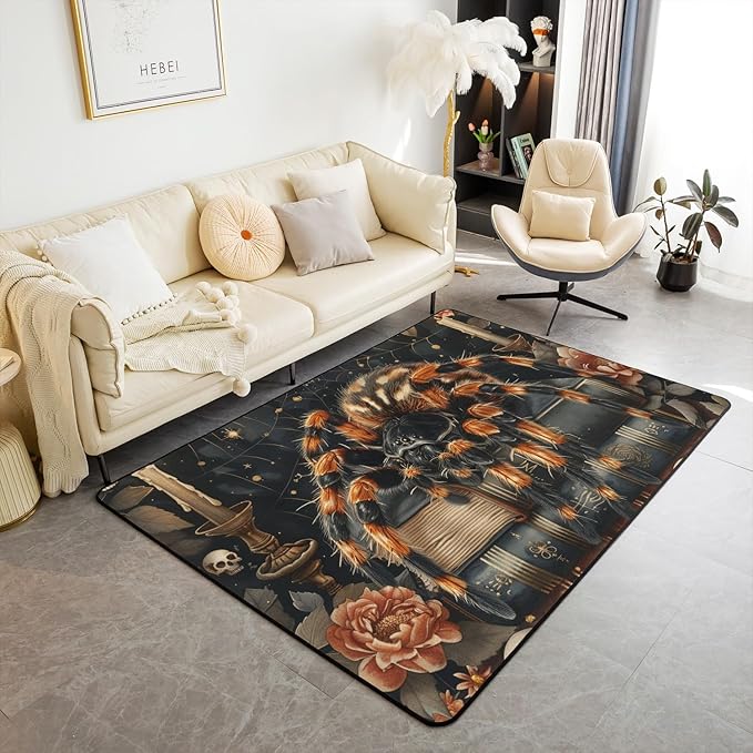 Erosebridal 3D Spider Area Rug 6'6" x 4'11", Flowers Skull Skeleton Non Slip Living Room Rugs for Kids Boys Girls, Bohemian Sugar Skull Decorative Carpet, Reptile Spider Web Washable Indoor Floor Mat - sugar skull area rug