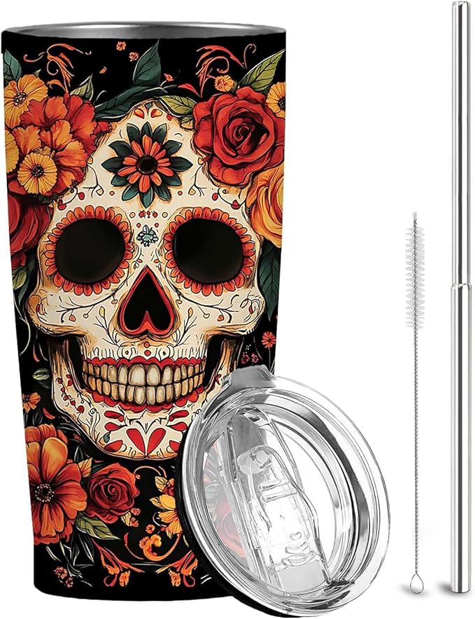 Sugar Skull Rose 20 oz Tumbler, Insulated Stainless Steel, Day of the Dead Halloween Travel Mug, Sugar Skull Gifts for Women & Men, Spooky Witchy Hot & Cold Drink Cup for Christmas & Birthday - sugar skull table lamp