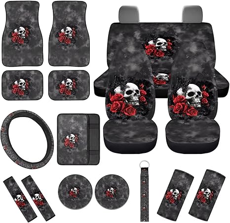 Gothic Skull Rose 17pcs Car Seat Cover Full Set, Dust-Proof Removable Front and Rear Car Seat Covers Steering Wheel Cover Floor Mats Armrest Cover Safety Belt Pad - sugar skull car seat covers set