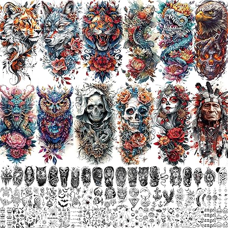71 Sheets Dead Skull Temporary Tattoos For Women Men Adults, Old School Halloween Fake Tattoo Stickers Tiger Wolf Lion Dragon Flowers, Temp Punk Gothic Chicano Carp Skeleton Tattoo Indian Eagle Floral - sugar skull temporary tattoo