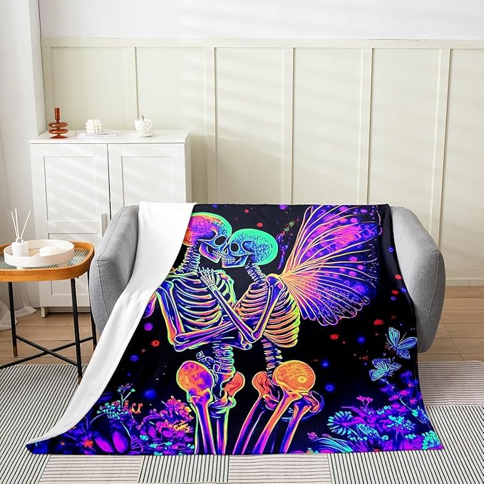 Gothic Sugar Skull Blanket Throw 50x60,Trippy Mushroom Throw Blanket for Kids Boys Girls Teens Adults,Omber Neon Glitter Flannel,Psychedelic Plant Botanical Room Decor,Luxury Soft - sugar skull throw blanket