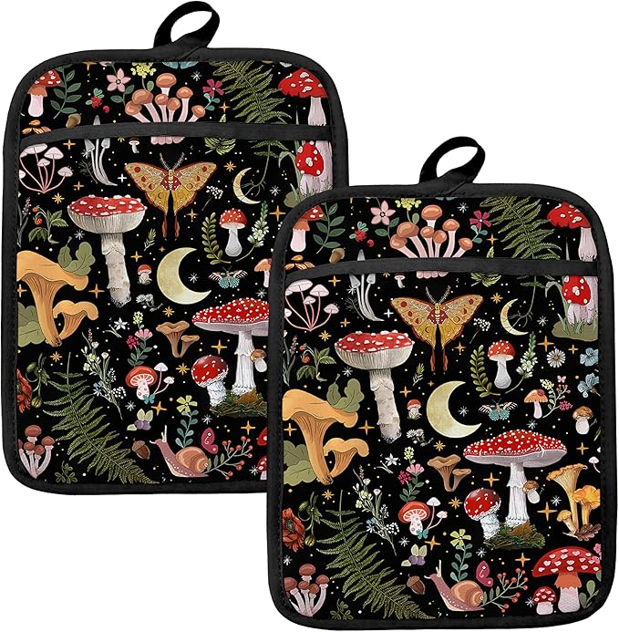 Mushroom Oven Mitts Set, Vintage Mushroom Moth Botanical Floral Heat Resistant Kitchen Oven Gloves for Baking and Cooking,Pot Holders - sugar skull oven mitts