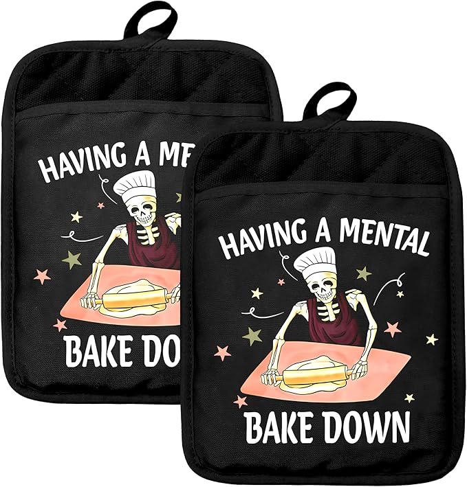 Gothic Skeleton Oven Mitts Set, Funny Baking Gifts for Women, Funny Goth Heat Resistant Kitchen Oven Gloves for Baking and Cooking,Pot Holders - sugar skull oven mitts