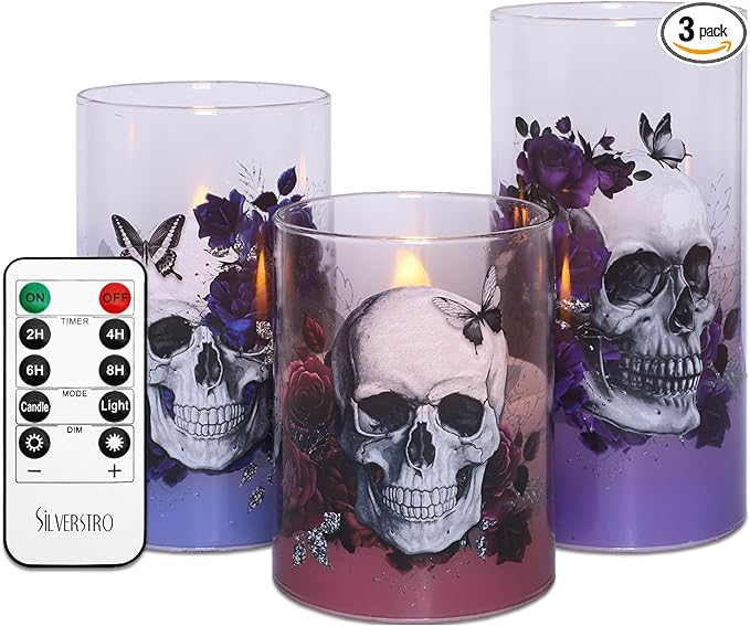 Silverstro Gothic Skull Flameless Candles Set with Remote Control Timer Function, 3-Piece Horror Theme Halloween Decorative Candles for Home Party Haunted House Horror Theme Halloween Decorations - sugar skull candle holder