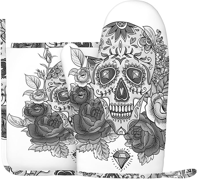 Sugar Skull Print,Oven Mitts and Pot Holders Set,Skeleton Roses Leaves Festival Print,Silicone Heat Resistant Kitchen Gloves Set Kitchen Mitts Pot Holders for BBQ Baking,Grey White,Right Hand - sugar skull oven mitts
