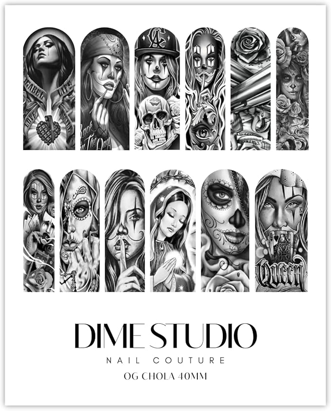 Tattoo Inspired Chola Nail Decals Monochrome Sugar Skull Chicana Nail Art Water Transfer Nail Wraps (40MM Medium) - sugar skull nail art