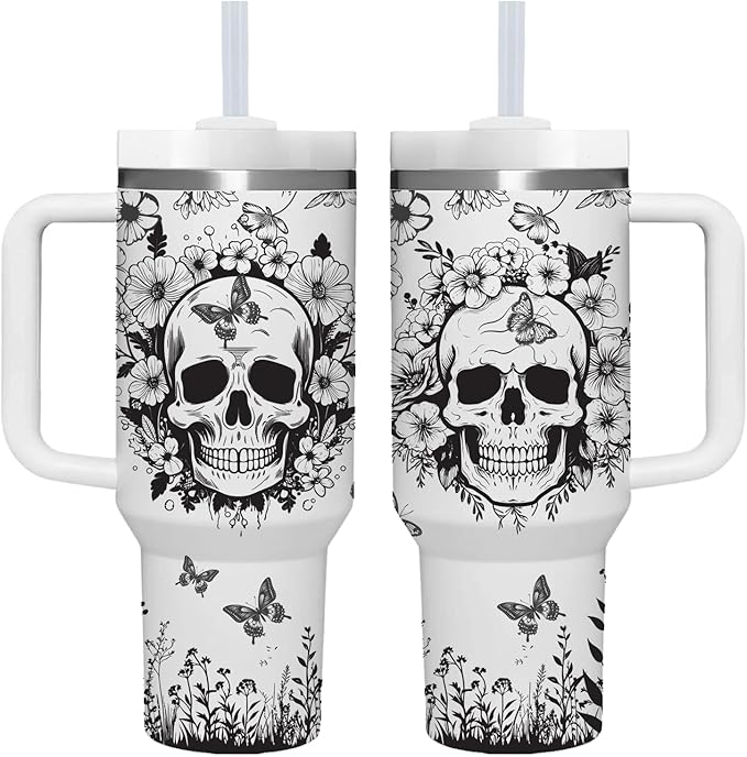 AMZUShome 40 OZ Goth Skull Tumbler with Handle.Skull Lover Tumblers Gift.Unique Birthday Christmas Halloween Goth Skull Cup Gifts.40 OZ skull Tumbler Gifts for Women. - sugar skull tumbler with straw
