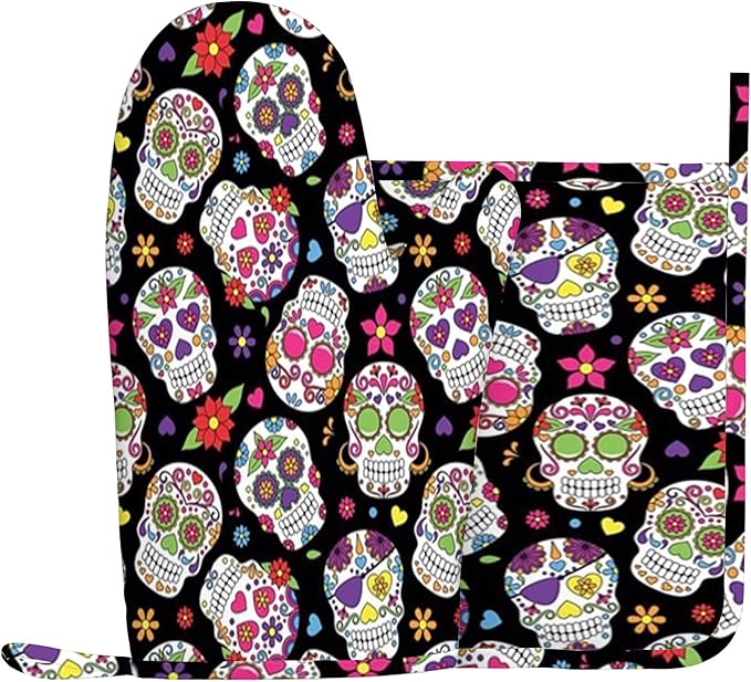 Sugar Skull,Oven Mitts and Pot Holders Sets,Sugar Skull Mexico Design,Heat Resistant for Kitchen Cooking Baking Housewarming,Multicolor,Left Hand - sugar skull oven mitts