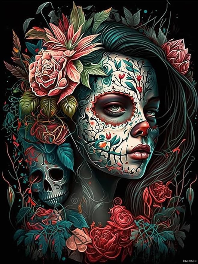 Sugar Skull Woman 5D Full Round Drill Kits Picture Painting, DIY Diamond Painting Kits for Adults, Craft Art Craft for Home Wall Decor 12x16 inch - sugar skull christmas decorations