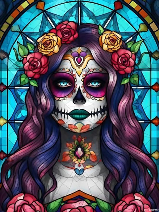 DIY 5D Diamond Painting Kits for Adults Diamond Art Stained Glass Sugar Skull Woman Rhinestone Diamond Embroidery Sugar Skull Woman Craft Kits for Living Room Bedroom Wall Decor Gift 12x16 inch - sugar skull canvas wall art