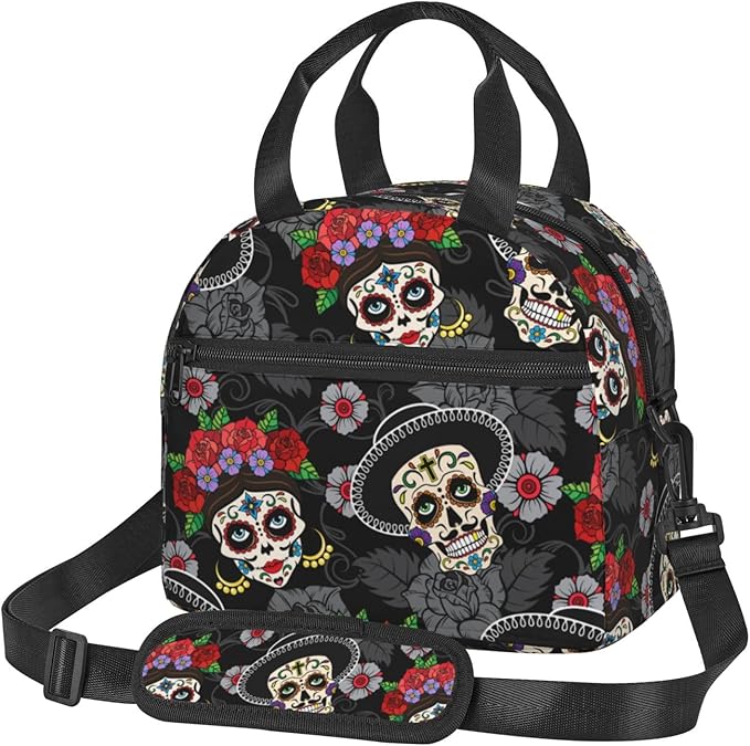 Perinsto Sugar Skulls Day Of The Dead Lunch Bag Reusable Insulated Lunch Tote Bag Lunchbox Container With Adjustable Shoulder Strap For Office Work School Picnic Travel - canvas sugar skull tote bag