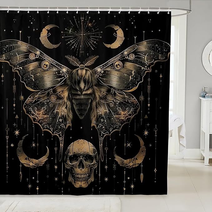 jejeloiu Death Moth Shower Curtain Sugar Skull Bath Curtain for Kids Moon Star Print Bathroom Waterproof Accessories with 12 Hooks Black Gold Waterproof Polyester,72x72 Inches - sugar skull shower curtain set