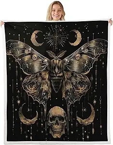 jejeloiu Death Moth Fleece Throw Blanket Sugar Skull Blanket for Kids Boys Girls Moon Star Print Plush Soft Black Gold for Sofa Bed Couch,40x50 Inches - sugar skull throw blanket
