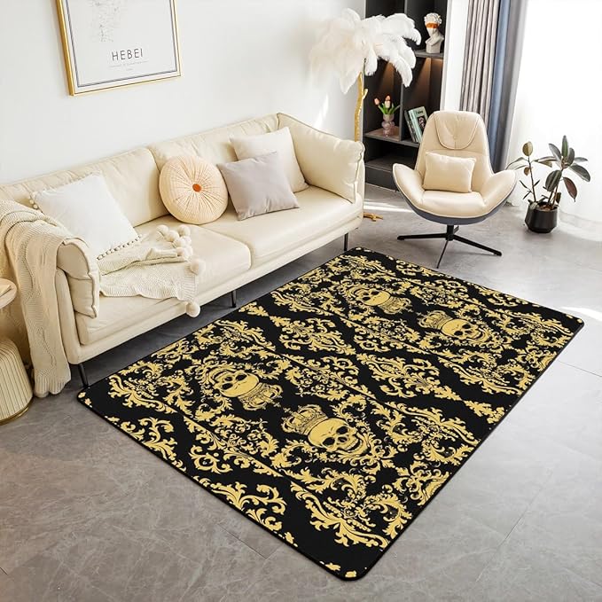 Erosebridal Sugar Skull Area Rug 4'11" x 3'3", Black Yellow Damask Non Slip Rugs for Kids Girls Boys, Goth Boho Baroque Decorative Carpet for Living Room, Bohemian Vintage Floral Indoor Floor Mat - sugar skull area rug