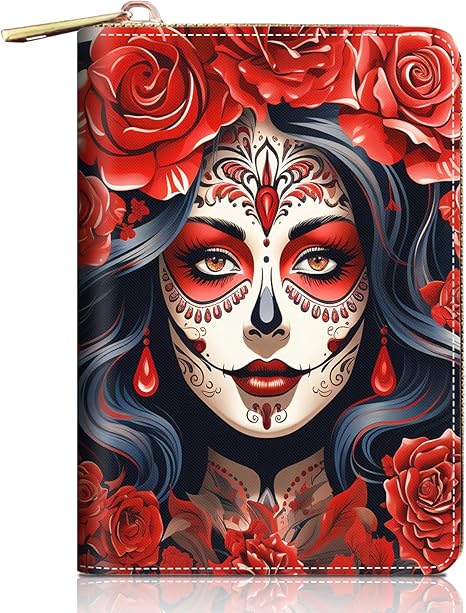 Credit Card Holder Wallets for Women, Sugar Skull Girl Rose Design RFID Blocking Small Leather Card Case Wallet Zipper Accordion Wallets - sugar skull wallets for women