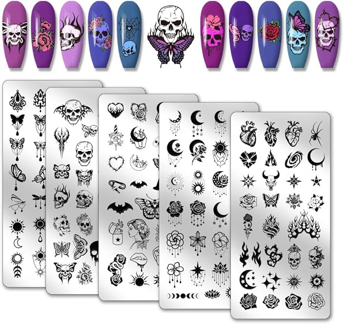PH PandaHall 5pcs Skull Nail Stamping Plates Gothic Styles Nails Stencils Moon Star Manicure Art Templates Butterfly Flower Print Nail Stencils for Women Halloween Manicures Salon Designs 4.7x2.3 Inch - sugar skull nail art