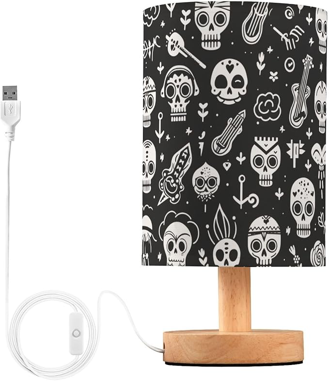 ALAZA Sugar Skulls Human Skeleton Bedside Table Lamp with USB Port for Bedroom Nightstand Lamps Night Light Linen Fabric Shade Cylinder Desk Lamps - sugar skull table lamp