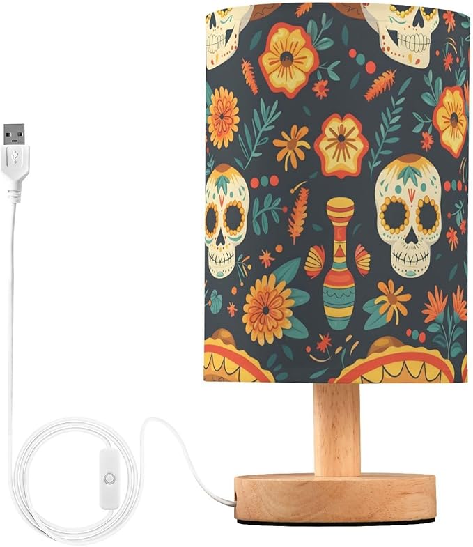 ALAZA Sugar Skull and Floral Bedside Table Lamp with USB Port for Bedroom Nightstand Lamps Night Light Linen Fabric Shade Cylinder Desk Lamps - sugar skull table lamp